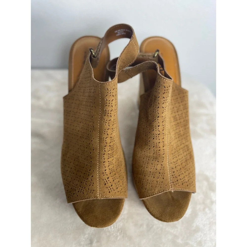 A.N.A. Malik Women Brown Laser Cut Wedge Sandals Cork Heel Slingback Size 10M